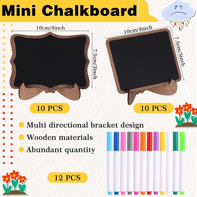 20 Pack Mini Chalkboards Signs with 12 Colored Chalk Pens 3 x 4'' Small Rectangle Chalkboards with Easel Stand Place Cards for Weddings Birthday Parties Message Board Sign