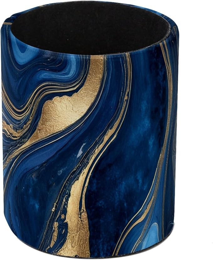 Leather Pen Holder for Desk, Blue Gold Marble Makeup Brushes Holder Pencil Cup Multifunctional Desktop Organizer Caddy for Home School Office Desk Accessories