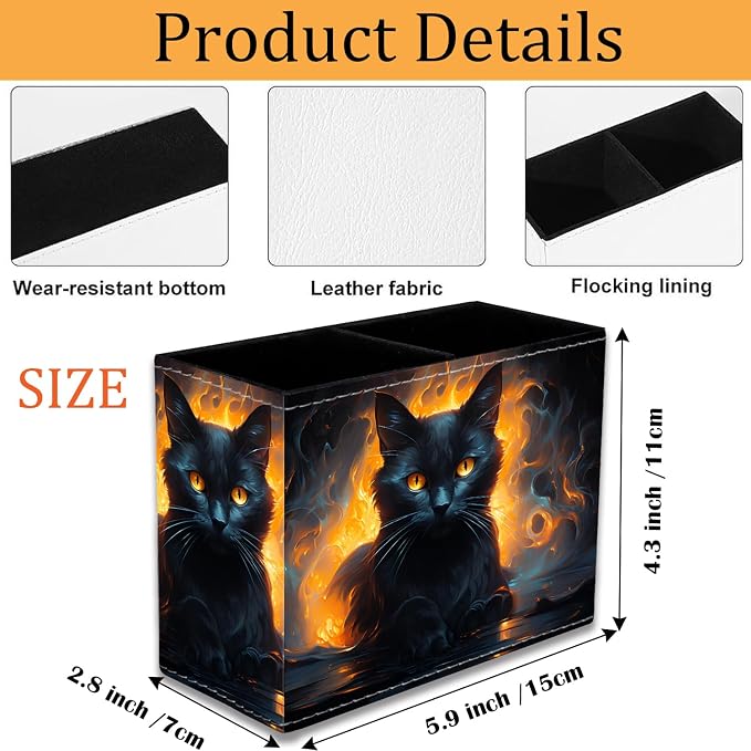 Pen Holder for Desk, PU Leather Multifunctional Desktop Storage Box and Anti-Slip Mouse Pad Set, Makeup Brush Holder Pen Organizer for Office and Home - Luminous Black Cat