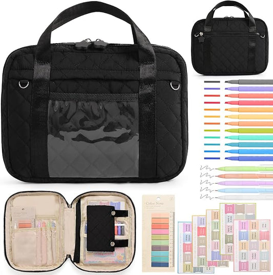 Quilted Bible Cover for Women, Zippered Bible Case with Handle, Bible Organizer Bag w/Multiple Pockets & Pen Slots Lightweight Bible Tote Bag for Church Study, Gifts for Women (Black)