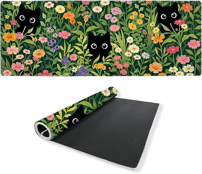 Black Cat Gaming Mouse Pad 35.4 x 15.7 Inches Kawaii Flower Meadow Cute Spring Garden Desk Mat with Non-Slip Rubber Base, Stitched Edges for Gaming,Office