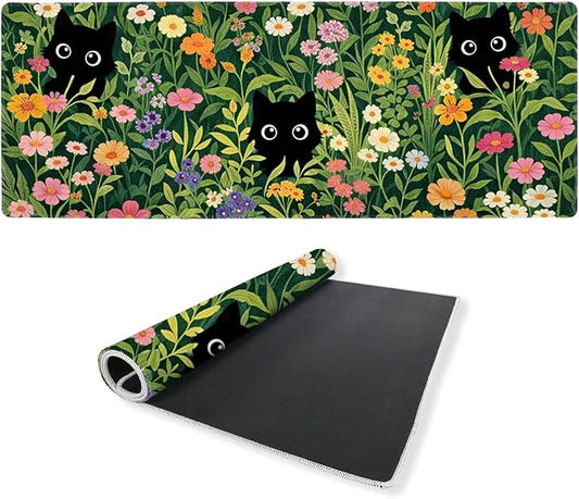 Black Cat Gaming Mouse Pad 35.4 x 15.7 Inches Kawaii Flower Meadow Cute Spring Garden Desk Mat with Non-Slip Rubber Base, Stitched Edges for Gaming,Office
