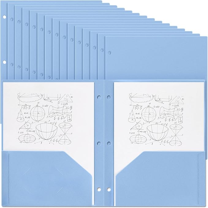 Yeaqee 50 Pcs Plastic Folders with Pockets Bulk 3 Hole Punched 2 Pocket File Folders for 3 Ring Binder Divider Folder for Notebooks, Durable Poly for Office Home (Haze Blue)