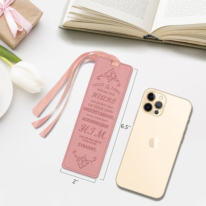 FINPAC Leather Bible Bookmarks, Vegan Religious Bookmarks, Bible Verse Book Markers Church Gifts for Women Men [Trust in The Lord with All Your Heart] - Pink