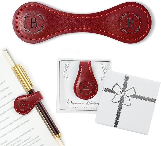 Personalized Leather Magnetic Bookmark with Pen Holder – Custom Initial Design for Readers（RED-B）