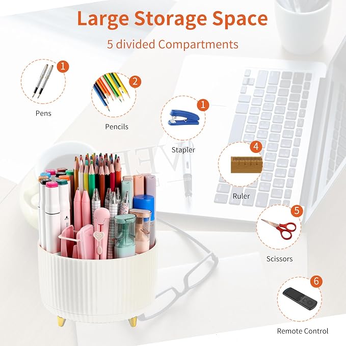 Desk Pencil Pen Holder, 5 Slots 360°Degree Rotating Pen Organizers for Desk, Desktop Storage Stationery Supplies Organizer, Cute Pencil Cup Pot for Office, School, Home, Art Supply, Beige