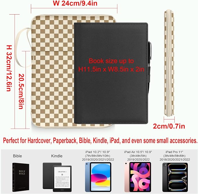 Plaid Book Sleeve Pouch For Women, Paperback Book Protector Case with Zipper, PU Leather Waterproof Book Pouch, Printed Book Carrying Case for Book Lovers Hardcover Girl Brown