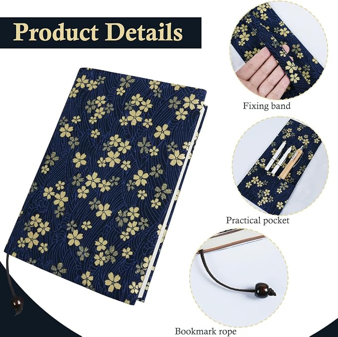 Book Cover for Paperbacks, Book Sleeve Cover for Hardcover, A5 Soft Cloth Book Protector Fit for 5.5×8.2 inch Notebook Textbooks Softcover Book Novels Bible - Navy Blue Cherry Blossom Pattern