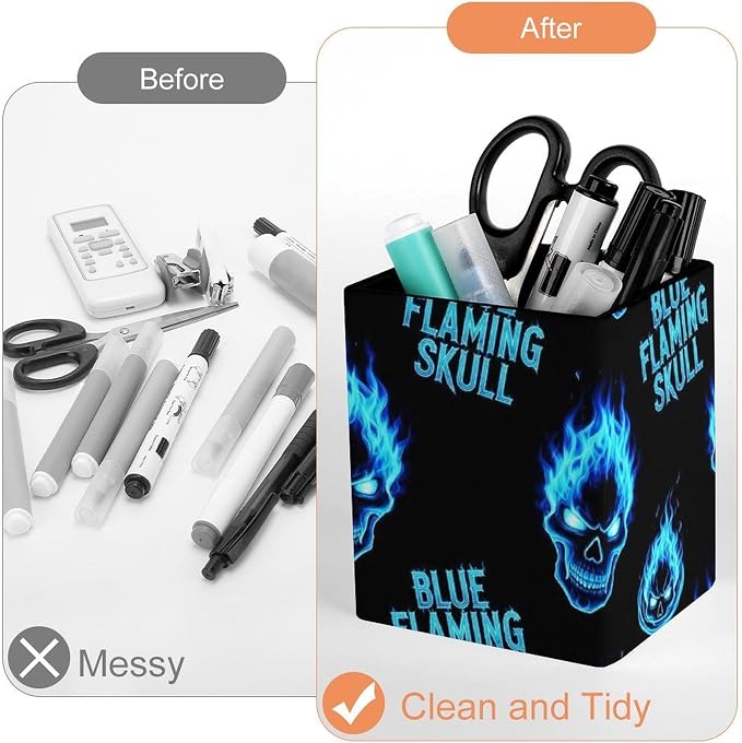 Holder Cup Makeup Brush Storage Organizer, Waterproof Multifunctional Office Supplies, Pen Holder Square Leather Pencil Blue Flaming Fire Skull