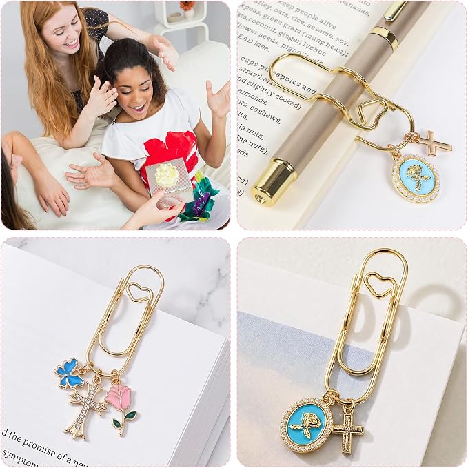 Wxiben Bible Paper Clip Bookmark - 3 Pcs Christian Metal Paperclip Pen Holder Book Mark with Charms Faith Page Marker Planner Decorative Paper Clips Gifts for Women Reading Book Lover Accessories