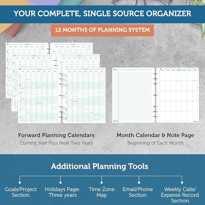 Planner Pad 7 Hole Loose Leaf July 2026 – June 2027 / Academic Year 8 1/2" x 11” 3-Tier Funnel Down 12 Month Large Size Organizer, Soft Green Ink