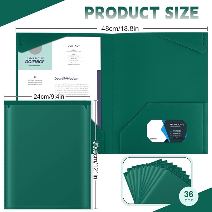 Henoyso 36 Pack Forest Green Plastic Folders with Clear Front Pockets Heavy Duty File Folders with 2 Pockets and Card Slot for Student Communication School Office Presentation Report