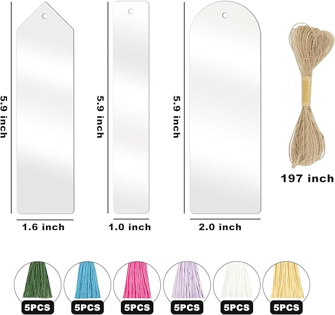 Acrylic Bookmarks Blanks Bulk 61PCS Clear Bookmark Plastic Blank 30 Sets with 6 Color Tassels & Twine String for Vinyl DIY Craft (3 Shape of Bookmarks)