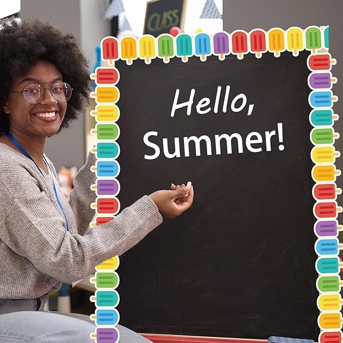 75Ft Summer Bulletin Board Borders Ice Pops Slippers Beach Ball Ice Cream Swimming Ring Surfboard Bulletin Board Trim Summer Beach Decorations for Classroom Home Office Chalkboard Wall Door