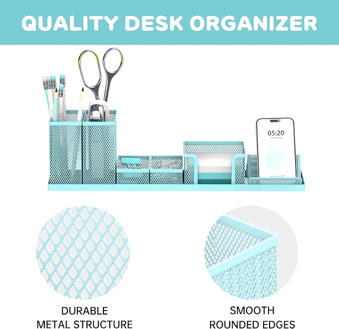 SUPEASY Pen Holder for Desk, 6 Piece Mesh Desk Organizer set for Office Organization with Mail Organizer, Letter Phone Holder, Sticky Notes Caddy Storage, Blue