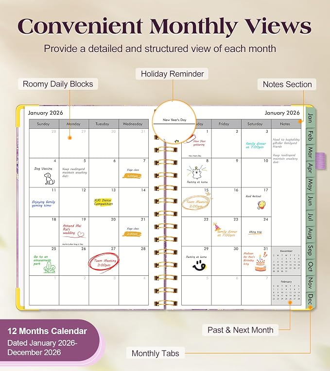 2026 Planner, Hardcover Weekly and Monthly Planner for Women, January 2026 - December 2026, Spiral Yearly Agenda Organizer Book 2026 with Tabs, Daily Calendar Planners for School Work Home, A5 (5.75" x 8.38"), Purple Marble