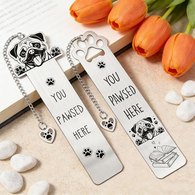 Pug Dog Bookmark Gift - 2PCS Funny Bookmark for Pug Lovers Pet Owners, Cute Dog Mom Book Mark Birthday Gifts for Puppy Lovers Bookworm Women Friends Coworker Men