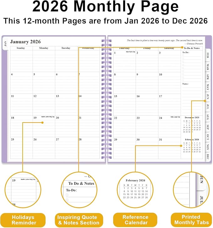 Planner 2026 - Weekly & Monthly Planner from January 2026 to December 2026, Agenda 2026 with Inner Pocket, Elastic Band, 8.5" x 11", Purple