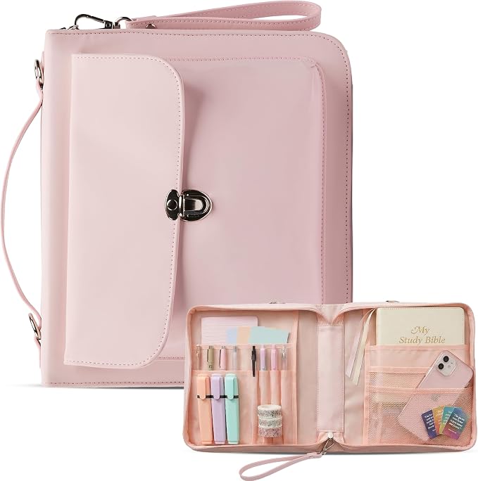 Bible Cover Case for Women - Bible Case with Shoulder Strap, Pink Bible Cover Standard Size Featuring Book Protector with Turn Lock Closure - Durable & Travel Friendly Design that Fits Most Bibles