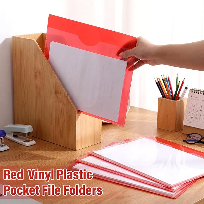 Kisston 25 Pack Heavy Duty Vinyl Plastic Folders with Clear Front Pocket File Jackets, Three Sided Closed, Letter Size Plastic Folders for Documents, 11.75 x 9.25 Inch (Red)