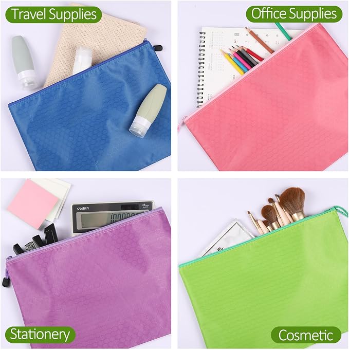 12pcs Zipper Pouch with Labels, Waterproof Pencil Storage Bags for Office Supplies Travel Accessories, A4 Size, 12 Colors