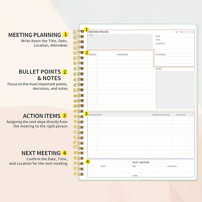 SUNEE Meeting Notebook for Work with Sticky Tabs - 160 Pages, A4 Size Project Planner, Spiral Meeting Agenda/Minutes Notebook Organizer for Women Men, Note Taking, Office&Business,8.5"x11", Sage Green