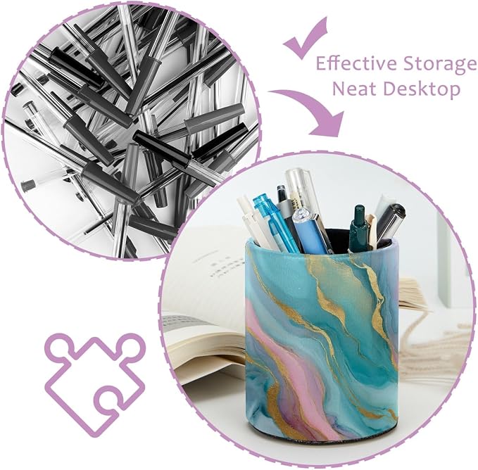 Green Marble Abstract Art Leather Pen Holder for Desk, Multifunctional Desktop Organizer Pencil Cup, Desktop Caddy Stationery Organizer for School Home Office Desk Accessories
