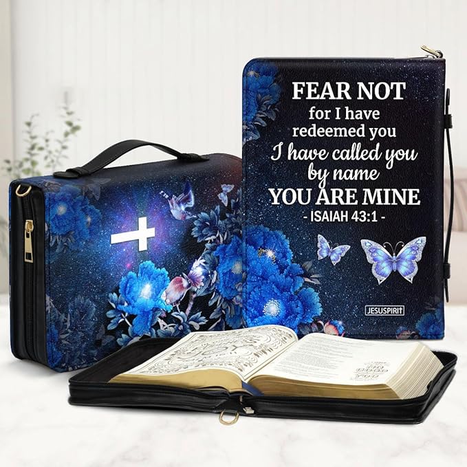 Jeuspirit Bible Covers - Leather Bible Organizer Case - Bible Book Carrier Bag With Zipper - Christian Gifts For Women - Bible Holder Bag, Bible Carrying Case Large Size (Fear Not)
