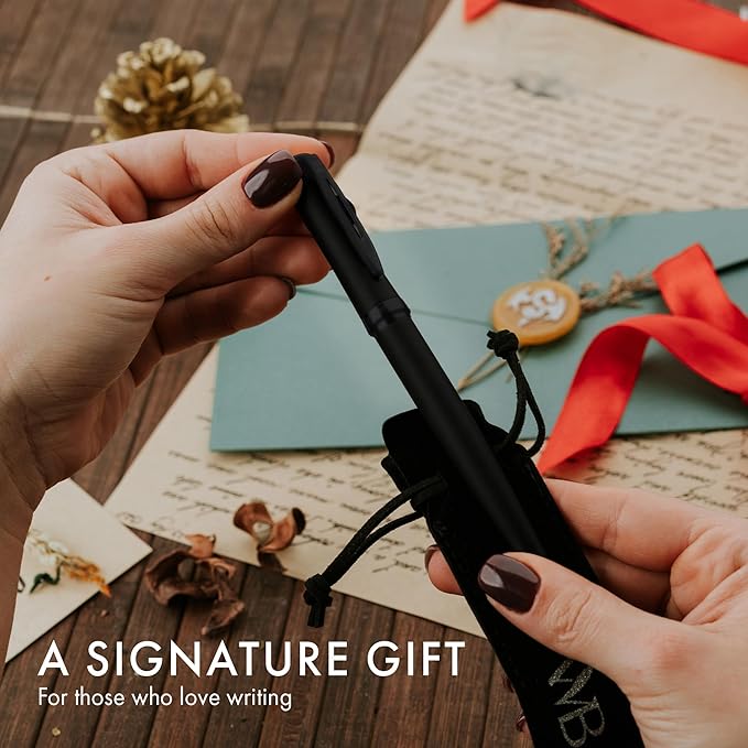 Wordsworth & Black Fountain Pen Set, 18K Gilded Medium Nib, Includes 24 Pack Ink Cartridges, A Refill Converter & Gift Pouch, Calligraphy, [All Black], Perfect for Men & Women