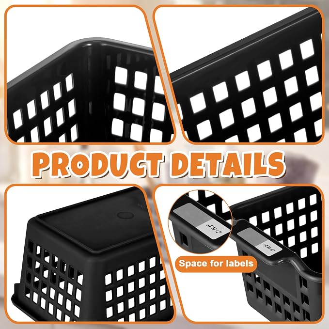 Domensi Black 12 Pcs Slim Plastic Storage Baskets for Organizing 11.6" x 5" x 3.4" Small Narrow Storage Bins with Handles & Label Area Thin Pencil Trays for Bathroom Drawer Office Desk Closet