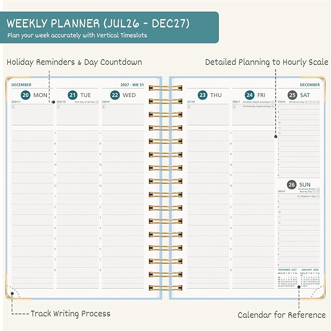 BEZEND Weekly Planner 2026-2027 (6" x 8.5") with Hourly Timeslot (Jul 26-Dec 27) 18 Months Academic Calendar - Deluxe Design - Thick 100GSM Paper, Laminated Monthly Tabs, Corner Protectors, Light Blue