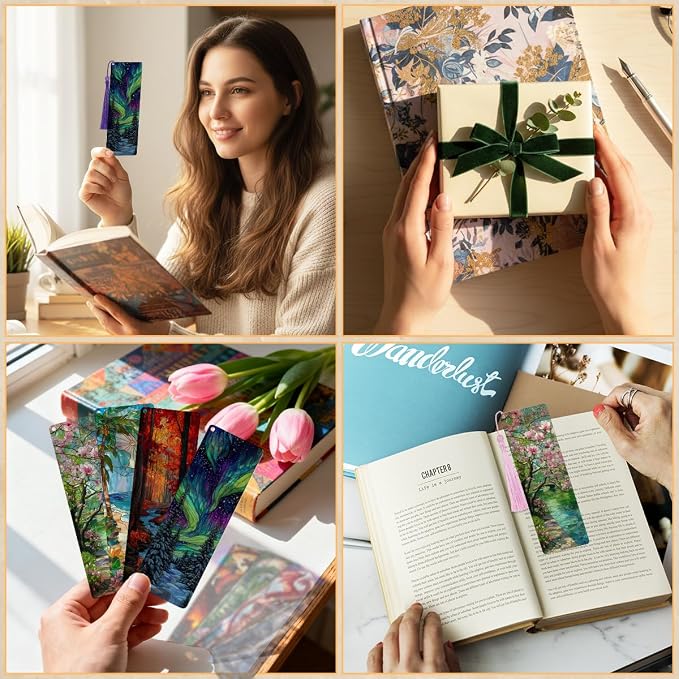 4 Pcs Seasons Transparent PVC Bookmarks with Tassels, Stained Glass Art Bookmark Gifts for Women Men, Elegant Book Loves Accessories, Fantasy Reader Gift for Bookish Men