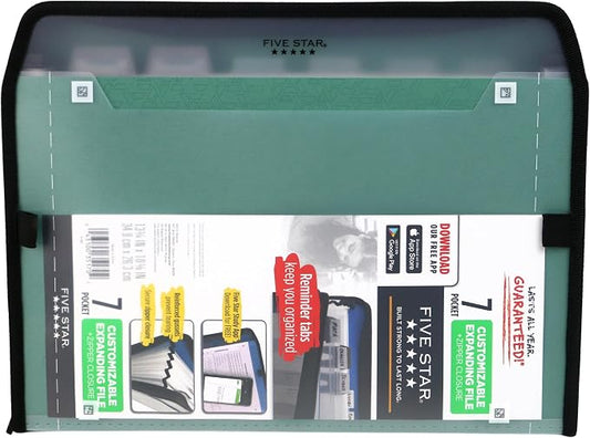 Five Star 7 Pocket Expanding File Organizer, Plastic Expandable File Folders with Customizable Tabs & Clear Cover, Holds 11" x 8-1/2", Zipper Closure, Seaglass Green (72707)
