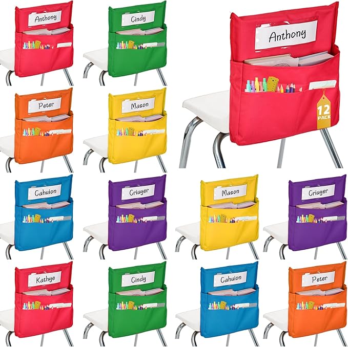 12 Pcs Classroom Chair Pockets, 15.9 x14.8 inch Chair Pockets for Classroom, 6 Bright Color Seat Sacks for Classroom Chairs, Buddy Pocket, Chart Seat Back Organizer with Name Tag
