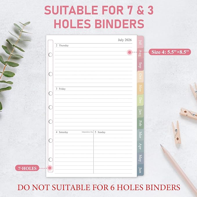 2026-2027 Weekly & Monthly Planner Refill, 5.5"x8.5", A5 Medium Planner Inserts with Colorful Monthly Tabs, Size 4, July 2026 - June 2027, 7-Hole Punched