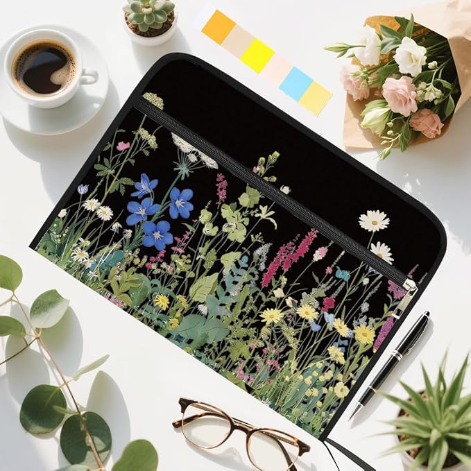WEBEEDY Flower Expanding File Folder 13 Pockets Dark Background Wildflower Accordion File Folder with Labels and Zipper, Portable Expandable Document Organiser for A4 Paper Photo Receipt Paperwork