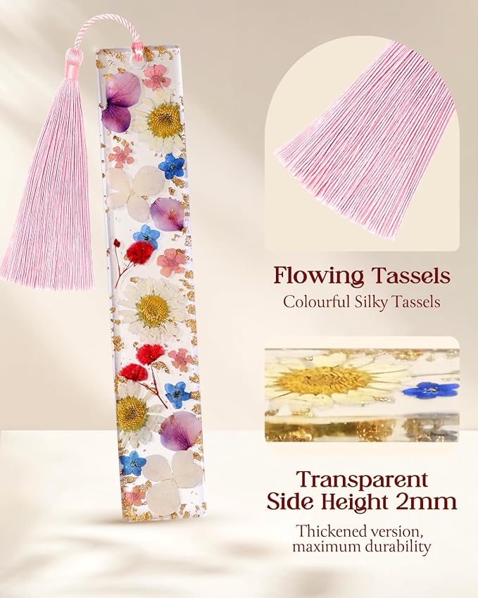 Buleens 2PCS Bookmarks for Women - Pink Green Book Marks for Readers Book Lovers, Personalized Handmade Dried Flower Resin Pressed Flowers Bookmark with Tassels, Pretty and Aesthetic