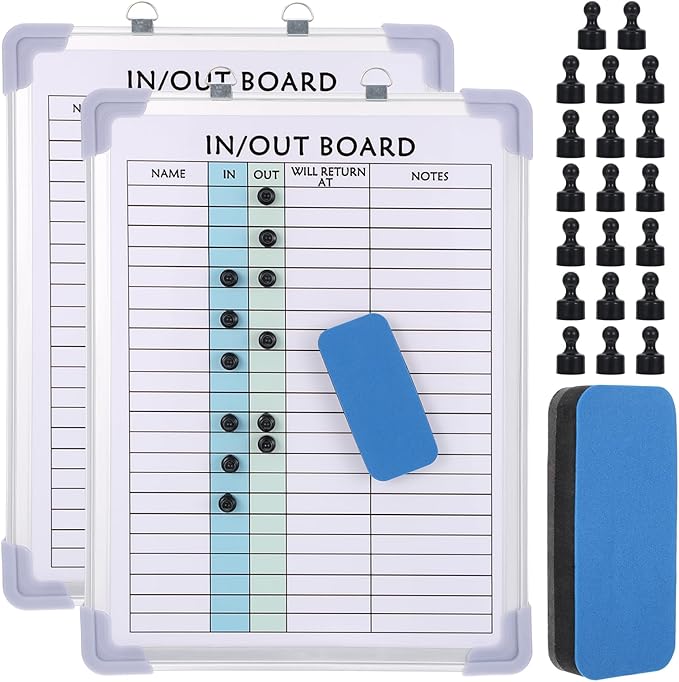 2 PCS in and Out Magnetic Dry Erase Boards 16" x 12", Aluminum Framed Lined Whiteboard with Eraser and 20 Magnets, Wall Mounted Employee Students in Out Board for Office & School Management