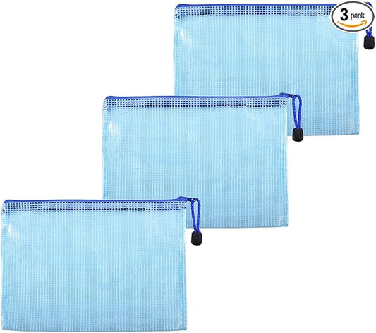 3 Pcs 5.31" x 7.68" B6 Sizes Mesh Zipper Pouch Bags, Mesh Bags with Zipper，Waterproof Clear Document Pouch for Organization Puzzles Travel, Office, Classroom Organization, B6 Blue