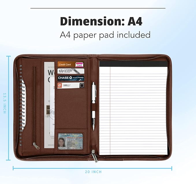 Zippered Portfolio Organizer/ A4 Refillable Lined Writing Notepad Folder Case/Fabric-Covered Padfolio Binder with Interior Storage Pocket for Men Women.Brown