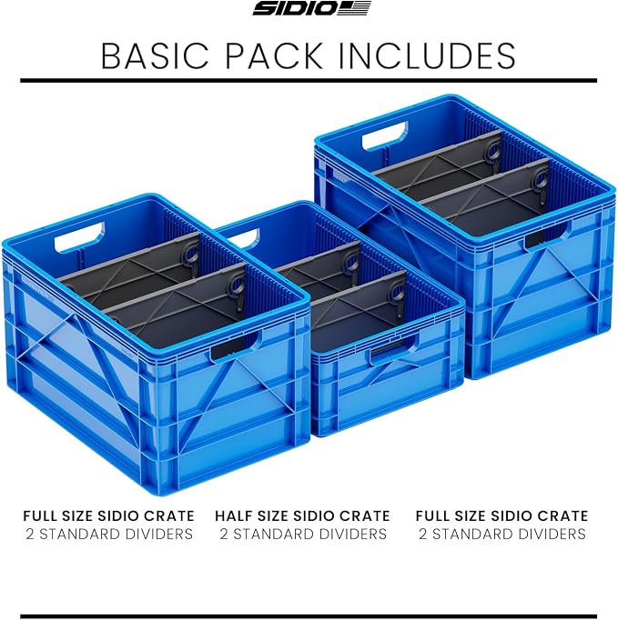 SIDIO Crate Basic Pack - 2 Full-Size & 1 Half-Size Heavy Duty Stackable Storage Bins, Totes and Containers with Dividers - Durable Plastic Organizer for Home, Office, Garage, and Outdoor Use