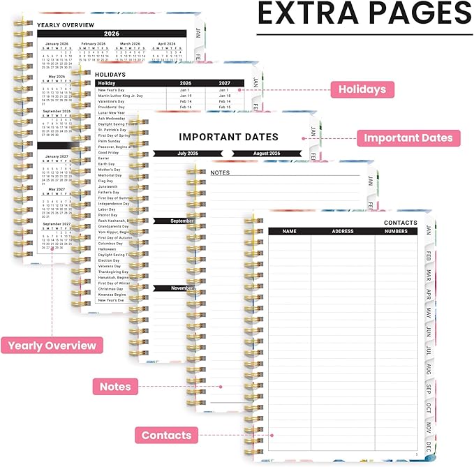 2026 Planner, Weekly and Monthly Calendar Planner for Women, Jan 2026 - Dec 2026, Hardcover Planning Agenda book with Tabs, Spiral Bound, Inner Pocket, Perfect for School Office Supplies, 6.3" x 8.5" - Bloom Floral