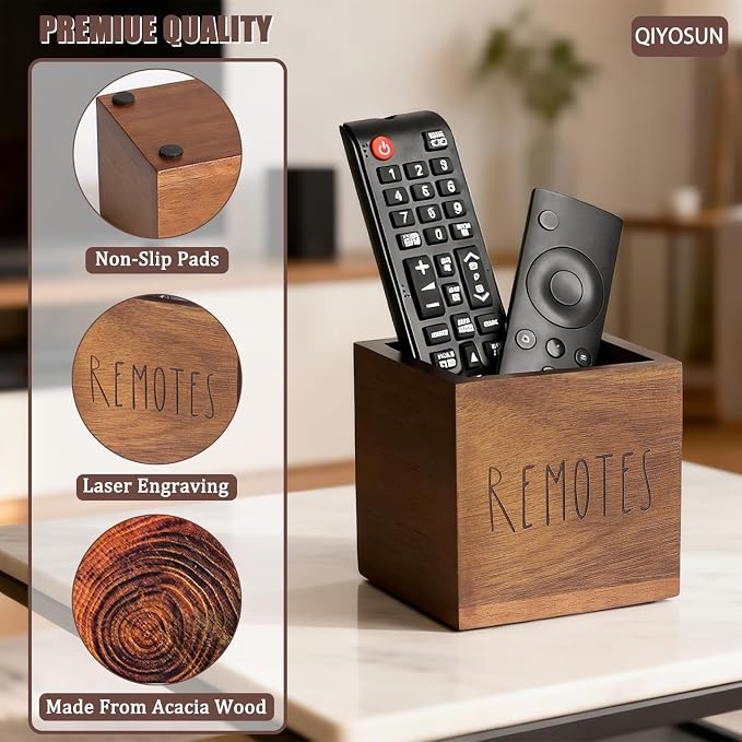 Remote Control Holder, Farmhouse Wood TV Organizer for Table, Wooden Remote Control Organizer, Remote Storage Caddy, Remote Control Organizer (Brown, 3.5 Inch-Labeled REMOTE)