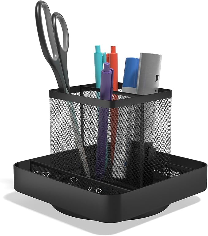 TRU RED Wire Mesh Rotating Desk Organizer, 6‑Compartment, Matte Black, 2‑Pack – 360‑Degree Desktop Storage for Office Supplies