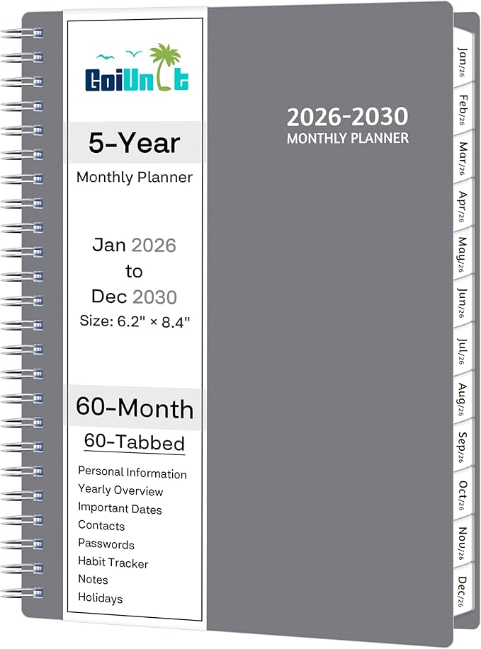 Monthly Planner 2026-2030, 5-Year Calendar Planner 2026-2030, Jan 2026 – Dec 2030, 6.2 x 8.4 In, Ruled Spread, Flexible Cover, Spiral Wirebound, Pocket, 60 Coated Monthly Tabs, Notes ＆ Habit Tracker