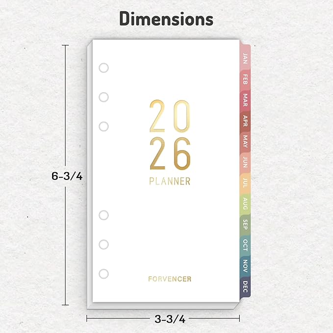 2026 Weekly & Monthly Planner Refills for A6 6-Ring Binders, Jan 2026 - Dec 2026, Forvencer 6-Hole Punched Planner Inserts with Colorful Monthly Tabs, Pocket Calendar Organizers, 3-3/4" x 6-3/4"