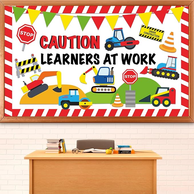 QOUBAI Construction Bulletin Board Set Traffic Themed Classroom Welcome Bulletin Board Decorations Workers Paper Cutouts Classroom Decorations for Back to School Office Home Chalkboard Decor Wall Door