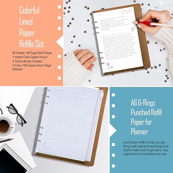 Rancco A6 Planner Inserts Lined Paper, Colorful 90 Page 6-Ring Memo Refills Loose-leaf Refill Paper w/Zipper Pouch, Binder Dividers, Ruler, Index Tab for Planner Journal Dairy, Double-sided, 6.9x3.7"