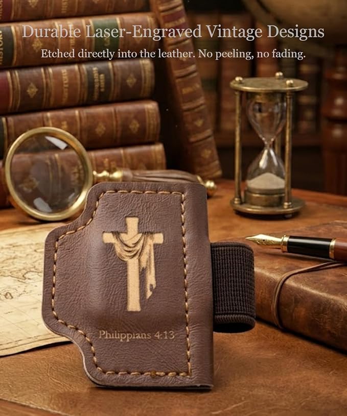 3-Pack Magnetic Leather Bookmarks for Bible, Thin Page Markers with Small Pen Loop, Laser Engraved Religious Christian Gifts for Women & Men, Vintage Leather, Page-Safe Magnets (Bible Verses)