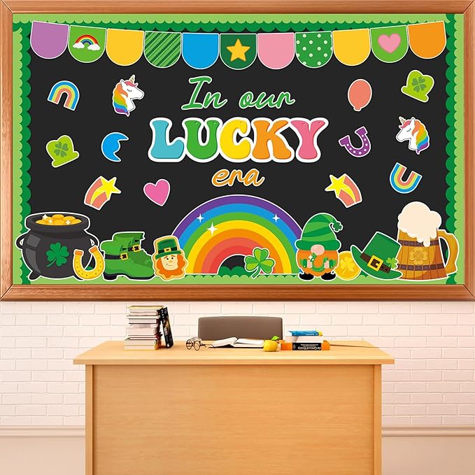 St. Patrick's Day Bulletin Board Decoration Lucky Shamrock Clover Gold Coin Rainbow Irish Clover Unicorn Cutouts March Classroom Bulletin Board Set for School Chalkboard Wall Door Decoration Favor